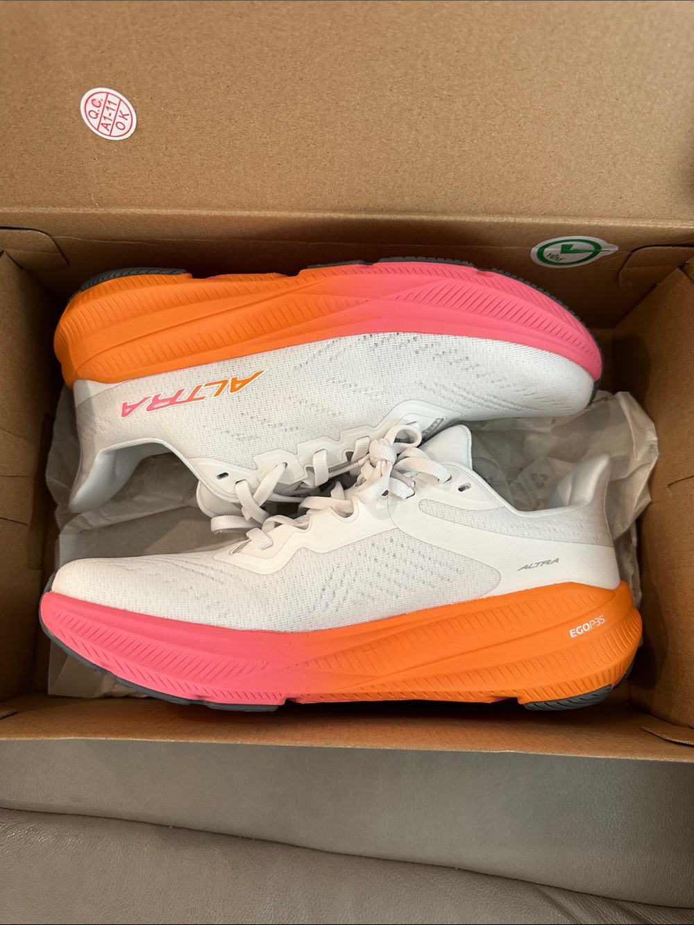 Altra White Running Shoes with Orange and Pink Gradient Sole - Picture 13 of 14